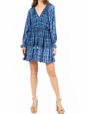 Omika Riviera Mini Dress XL Indigo Boho Kaftan Long Sleeve Resort Vacation